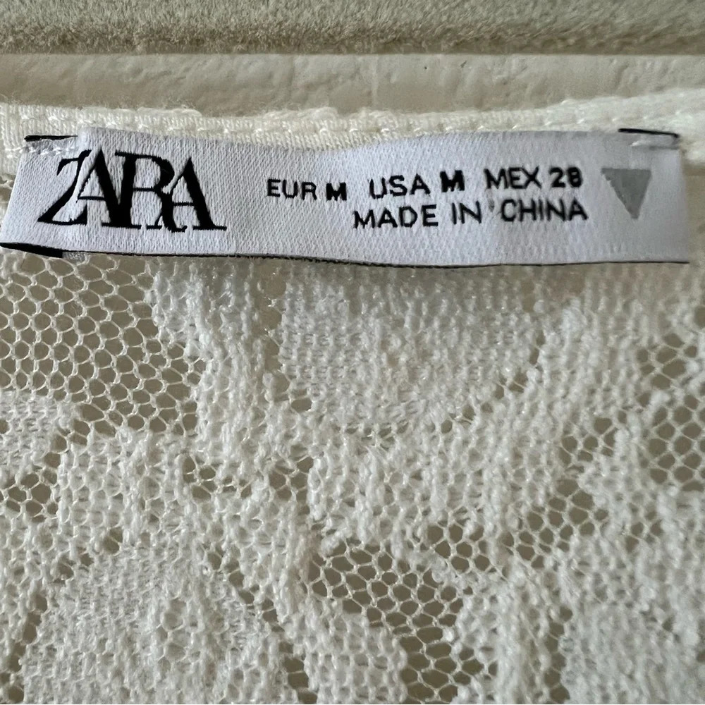 Zara Ivory Floral Lace Mini Dress Balloon Sleeve Ruffle Boho Wedding Guest M - Picture 14 of 16